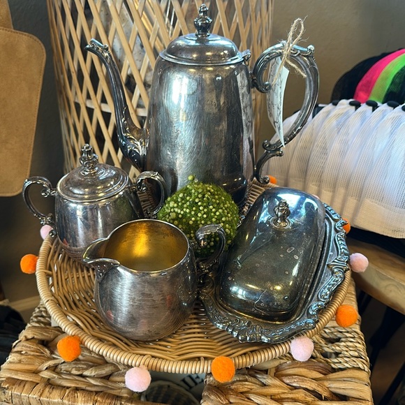 Silver Tea Set And Butter Dish